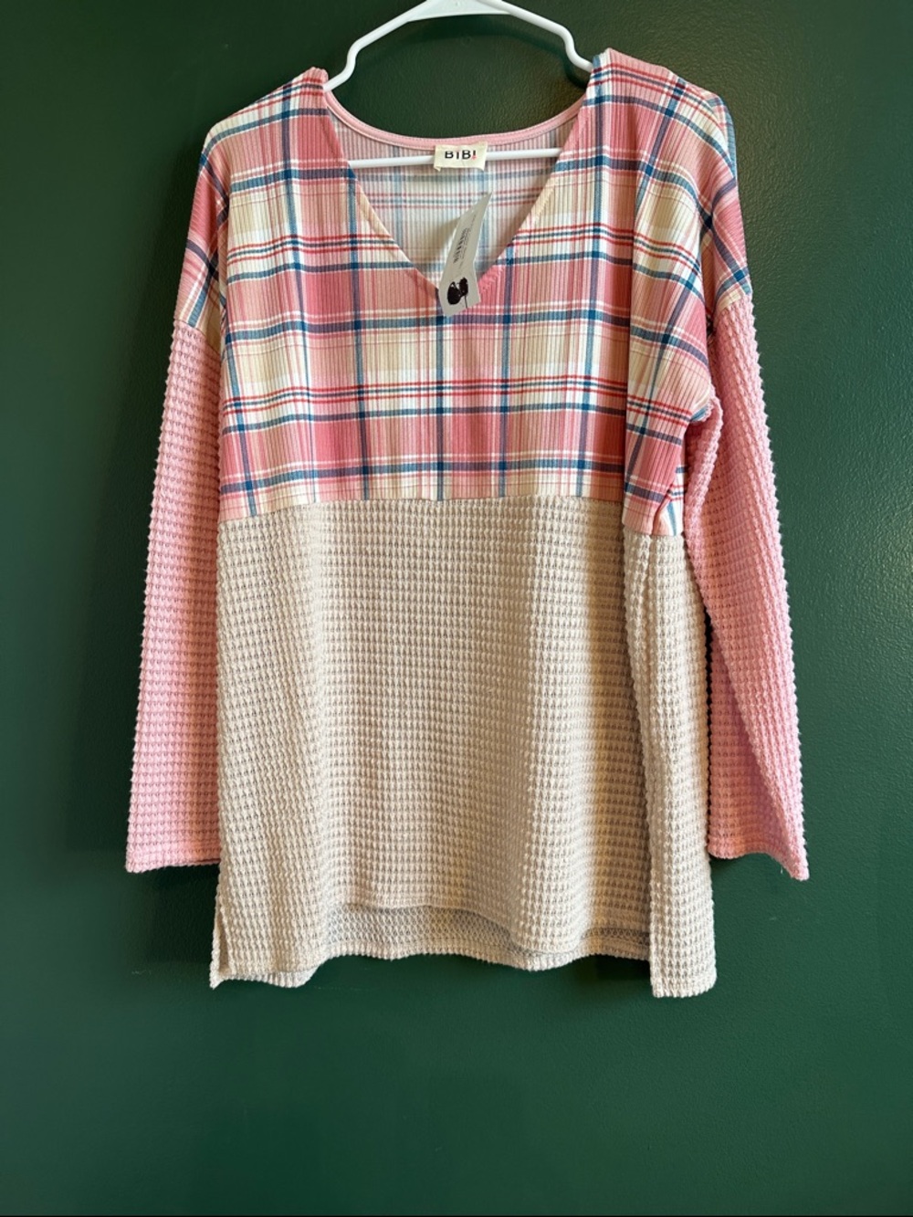 BiBi Pink and Blue Plaid Mix Oversized Knit Top Size M NWT